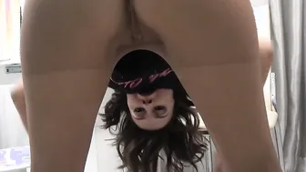 Adorable Dark Haired Into Ebony T-Shirt and Tan Tights Filming Herself