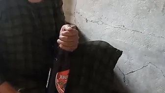 indian local rendi outside drinking beer pee beer bottle