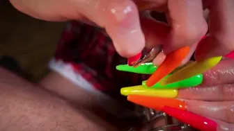 Long Nails Huge Fake Hooters Milf Teases Locked Chastity Penis Cage Penis till being let out to Cum