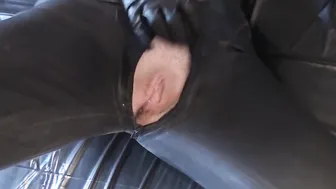 Rubber Danielle masturbating inside Army catsuit with rubber mask and