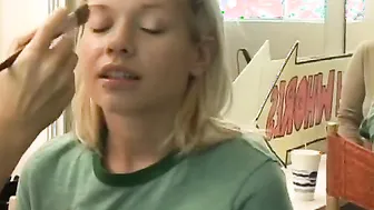 Blonde eighteen Kissy has 3 way sex with 2 gigantic dicks