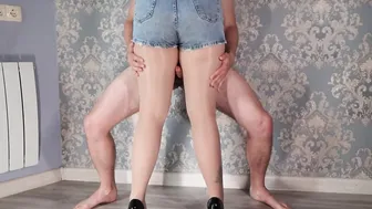 Fucking step sisters luxury legs and thighs inside stockings and jeasn shorts