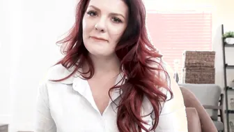 Red Haired cougar stepmother Emmy Demure giving titjob to console her stepson