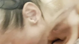 Older rubbing her boobies up a down your legs and