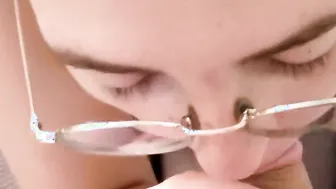 Nerdy women into glasses sucking off dick and swallowing cum into