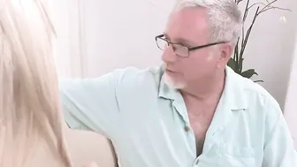 Dirty Blonde Gags on her Grandpas Penis