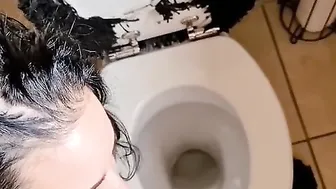 Hoe blowing and jerking dick licking cum off bathroom seat