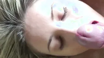 Petite blonde Jessi Gold sucks cock and takes cum on face