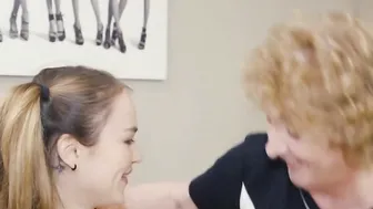 Older old lady seduce young bushy chick for private dyke sex