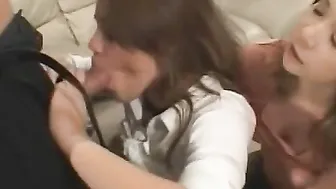 Dude getting FELLATIO and drills 2 young brunettes inside heels