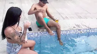 Big Suck porn video – Dark Hair blowing gigantic cock inside the pool before sex
