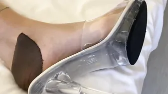 Ex porn video – Cum on clear high heel mules and nylon toes