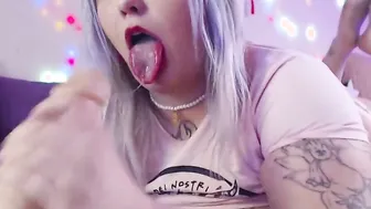 Adorable chick with silver hair blows your dick with appetite