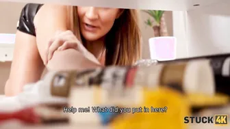 STUCK4K. Adorable gf is glued to the table and help