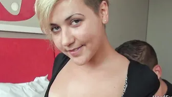 Thick thighed and huge ass blonde posing