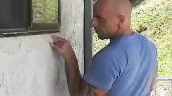 Shaved plumber getting to fucked his big tit clients tight asshole