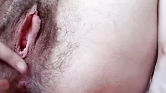 Bushy twat masturbating and butt winking
