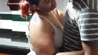 I found my best friends MILF pantyless into the kitchen