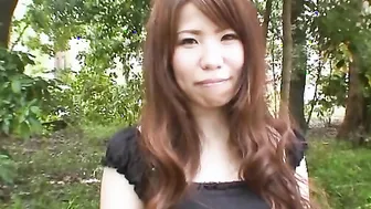 Amazing chinese dark haired Rie Obata kneads her unshaved cunt with a toy