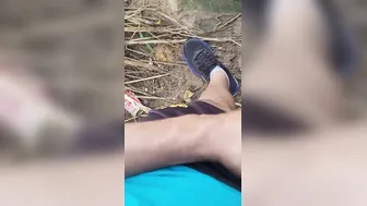 Brazilian daddy masturbating into outdoor
