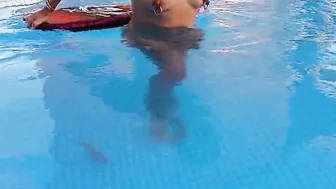 nippleringlover turned on MILF swimming naked inside pool watch through pierced