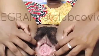 Lusty MILF stretching out her hairy dripping snatch preparing for