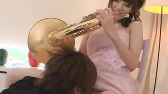Leering Kanako Iioka boned with horn by a fan