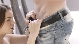 Mature guy starts sex with busty teen by licking her twat