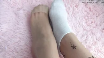 Stockings and white socks on the slutss babe legs