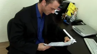 Busty secretary in leather boots seduces her boss for sex in the office