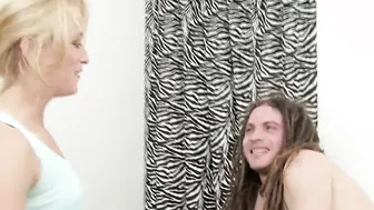 Skinny blonde with small tits seduces guy during a hot massage