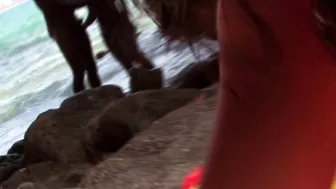 Amateur outdoor threesome at the beach with two skinny Teenage Girls
