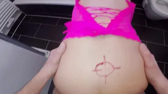 Black haired German slut fucking in her pink dress in the bathroom