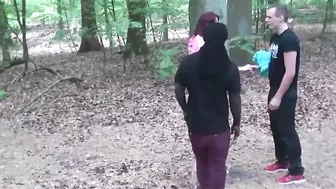 Red haired Teenage Girl fuckin outdoor in an interracial 3some