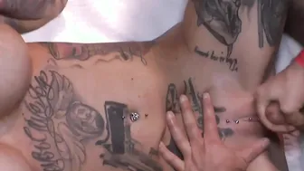 Busty tattooed German Babe enjoy the creampie Gangbang