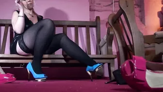 Shoe fetishist lick the High Heels from his Mistress and fuck with the lady in Nylons