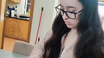 Maid with glasses using a booty plug and remote sex toy getting internal cummed