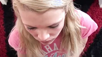 Blonde Girl Little Taylor loves sucking on Big White Cock