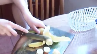 Kitchen cooking with Sarah Kimble and her small tits