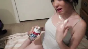Tiny Red Slut playing and rubbing cream on tits