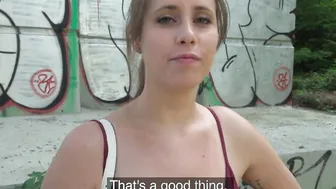 Outside Agent attractive young dark haired Belgian tourist with natural huge titties and blue eyes accepts money to take a gigantic