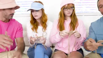 Red Head hotties Scarlet Skies and Amber Stark spice up the weekend by swapping their stepdads and fucking with them