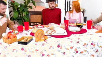 This Thanksgiving lusty ginger stepsisters Arietta Adams and Cherry Fae banged their stepbrother inside the living room while their stepdad