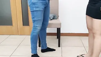 Milf gets horny measuring clothes and gives an amazing blowjob