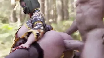 Vulgar lovers having fun inside the woods