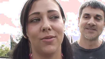 Cheerleading dark hair getting cum inside her mouth after the mature man screwed her inside doggy