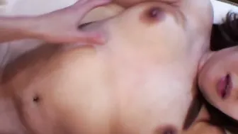 Busty brunette Maria Amane rubbed her back in the bathroom and then fucked on the bed