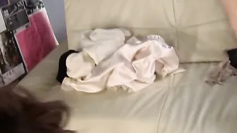 Beautiful hairy pussy Peach Kawai on a nice white sofa