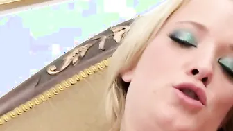 Small titted blond with nice little rock nipples and knee high black boots gets off on couch with dildo as she talks to and entices the viewer.