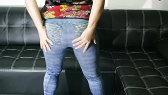 Curvy slut in jeans pisses herself in private fetish porn